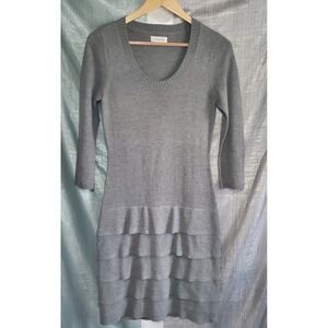 Calvin Klein Women's Grey Sweater‎ Dress Tiered Ruffle Sleeve Knit Midi Cupcake